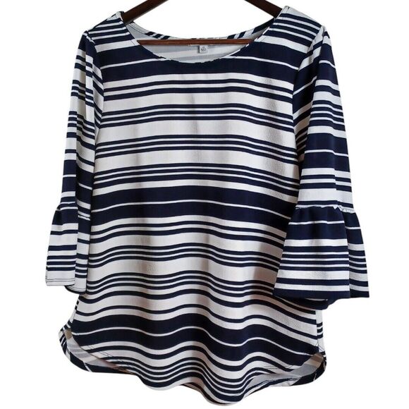 Green Envelope 1X Nautical White Blue Striped Blouse 3/4 Bell Sleeve Coastal Top - Picture 2 of 8